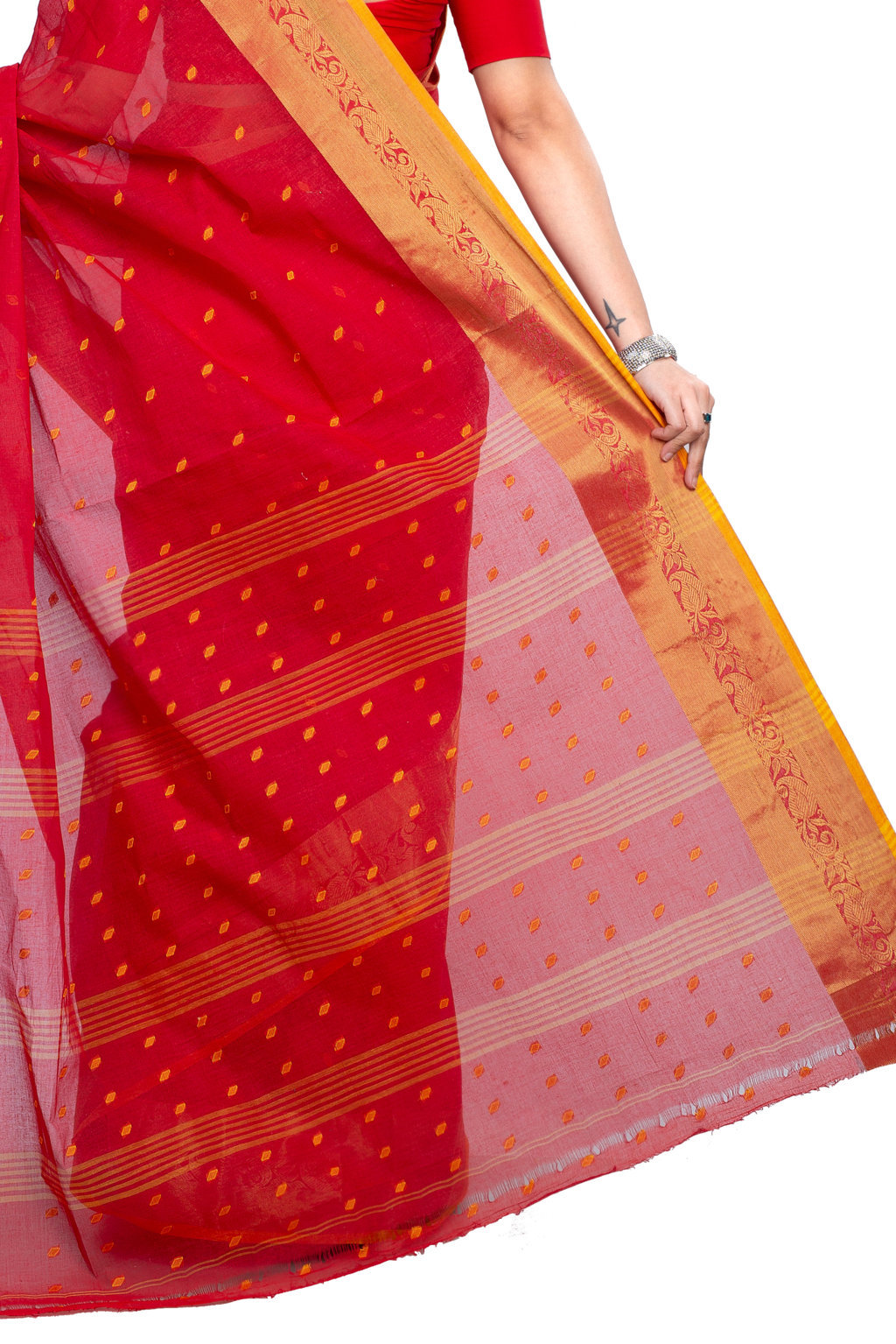 Red Pure Cotton Churi_Par Tant Saree (860)